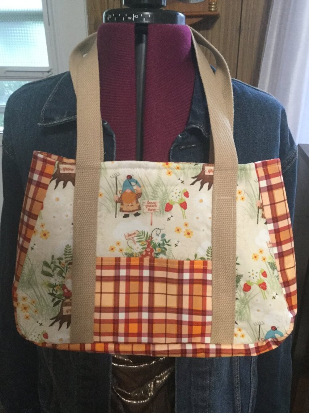 New hand made shoulder bag with gnomes and plaid. Fun and unique one of a kind